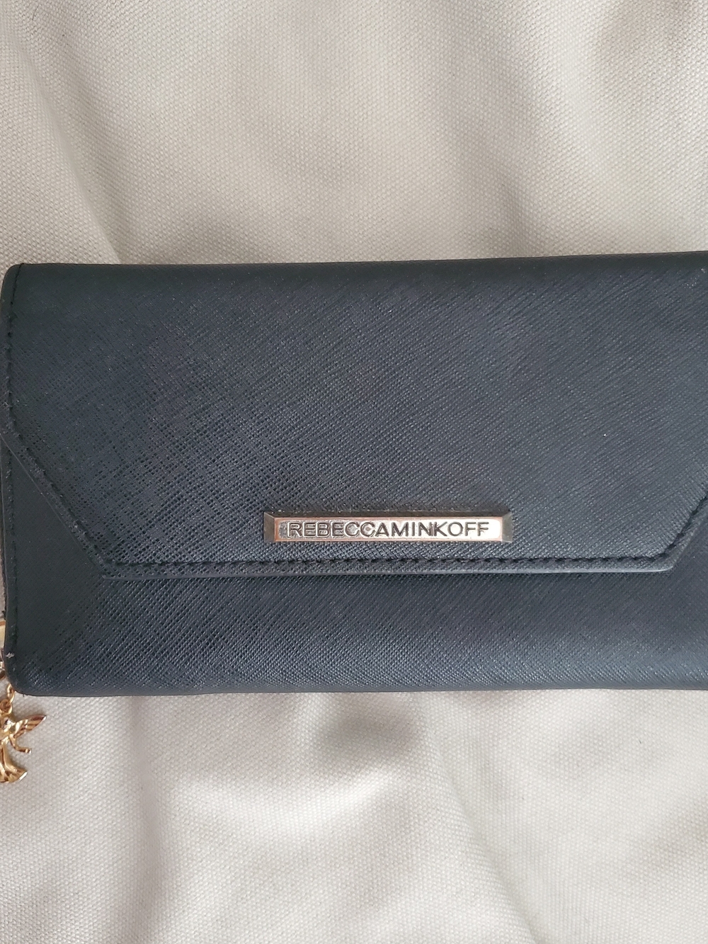 Rebecca Minkoff Black Saffiano Wristlet Clutch with Gold Plaque
